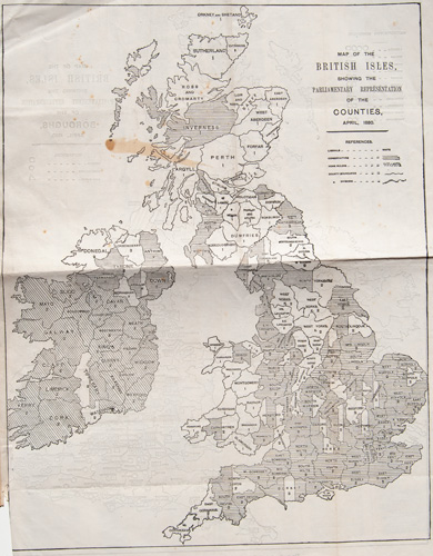Map of the British Isles, showing the Parliamentary Representation of the Counties,
April 1880